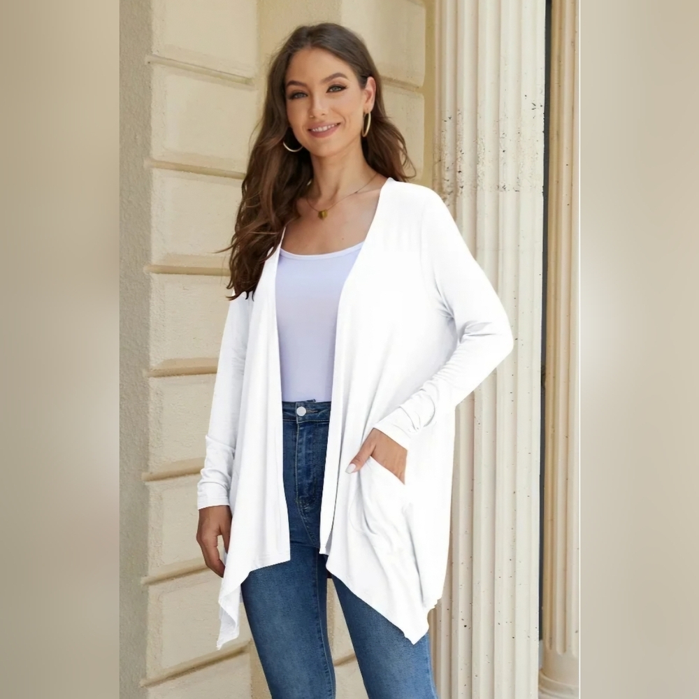 White Open-Front Cardigan Sweater with Textured Knit